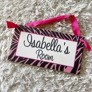 Kids pink black zebra little girls room name wood sign Isabella home decor